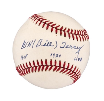 Bill Terry Single-Signed Baseball With Hall of Fame Inscription (PSA/DNA NM-MT 8)
